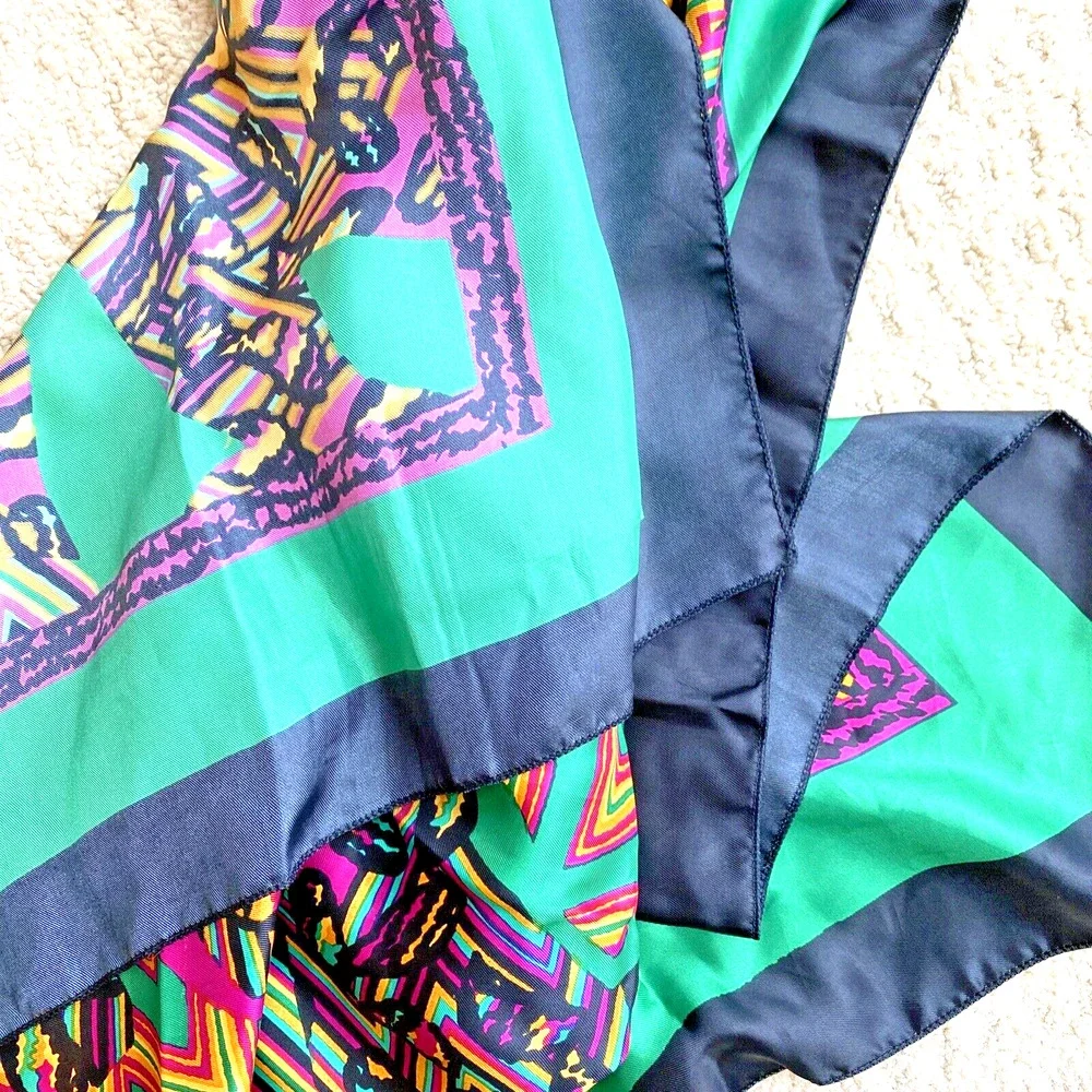 Colorful Silky Scarf Abstract Green Black Purple Yellow Print Large 34” Square